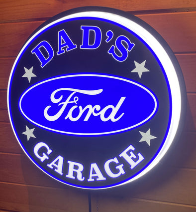 Dad’s Ford Garage 18" Backlit LED Button Sign Design #W7139